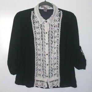 Secretary blouse Black w/ivory lace collared retro Victorian vintage style 60s